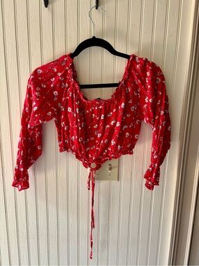 Red Floral Tie-Front Long Sleeve Crop Top